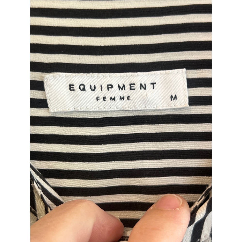 Equipment Femme Silk Striped Button Down Shirt Black White Band Collar - Picture 2 of 4